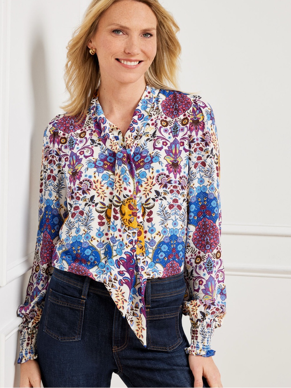 Talbots Tie Neck Top Blouse Floral Medallion Smocked Romantic Blouse Women 2X